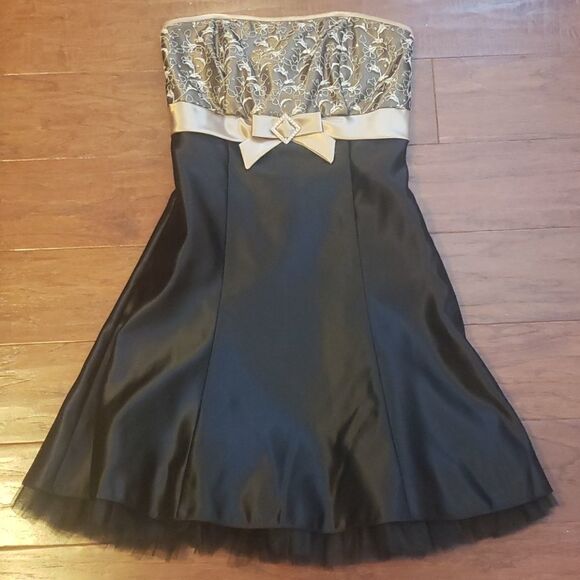 Jessica McClintock Gunne Sax Formal Mini Strapless Embellished Lace Gold Black 5 - Picture 1 of 6